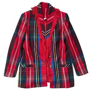 Plaid Red Blazer with Fringe Detail